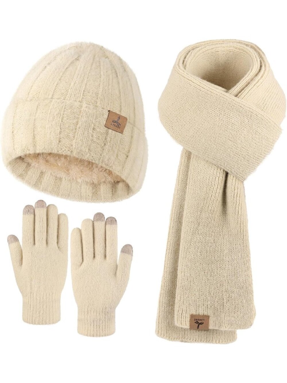 Women's Beige Beanie Hat Gloves Scarf Cashmere Hat Gloves Scarf Accessories Set
